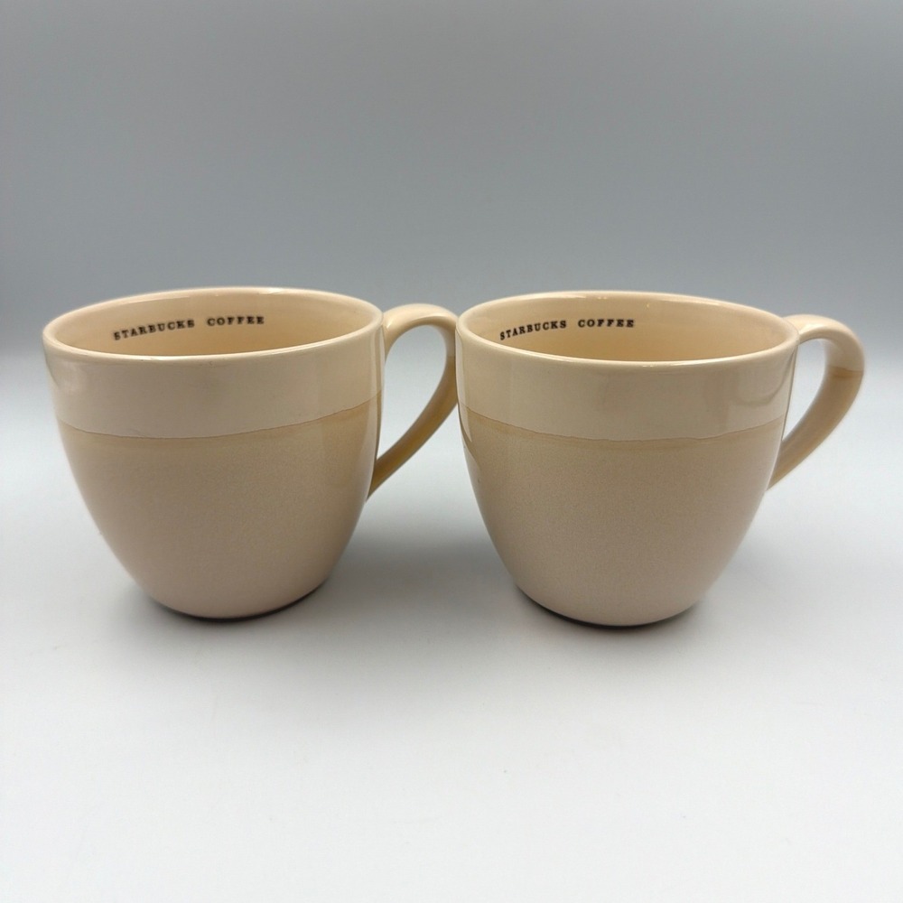 Lot of 2 Starbucks 2006 Vintage Beige Tan Two Tone Barista Coffee Mug Cup Set